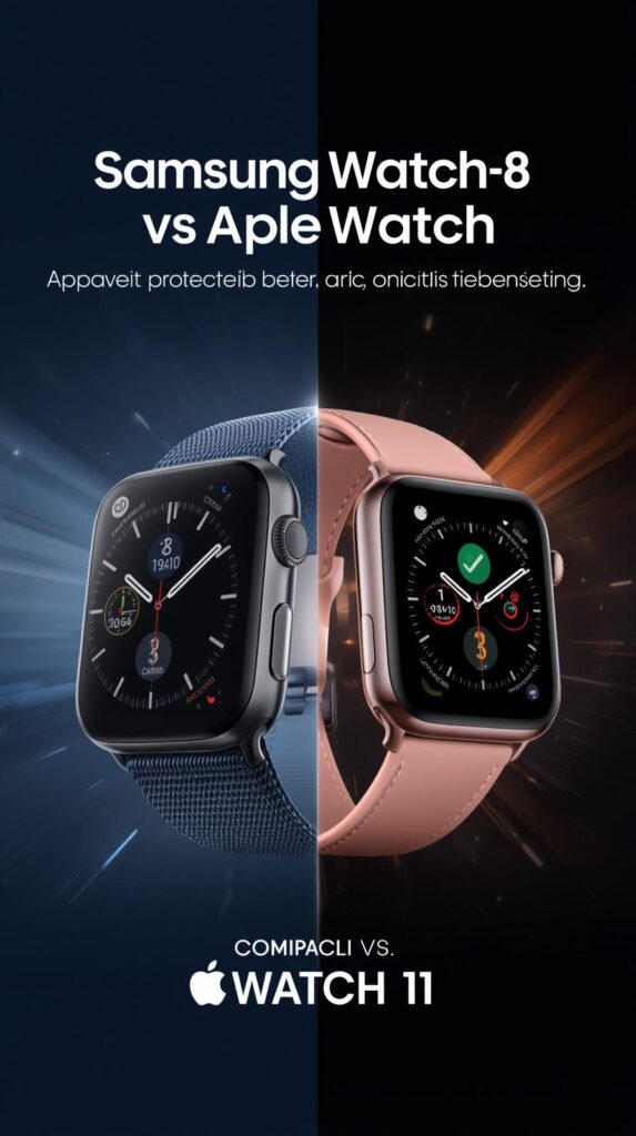 ¿Apple Watch serie 11 o Samsung Galaxy Watch 8? ¿Cuál de los dos es mas cautivador para el público? 5 samsung watch 8 vs apple watch 11 cartel tipo publicitario comparando ambos relojes 1