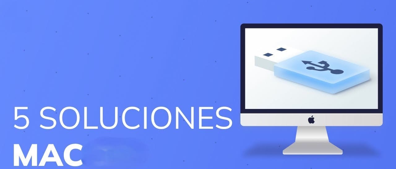 Ilustración de un iMac mostrando un icono USB y el texto “5 soluciones Mac” sobre fondo azul.